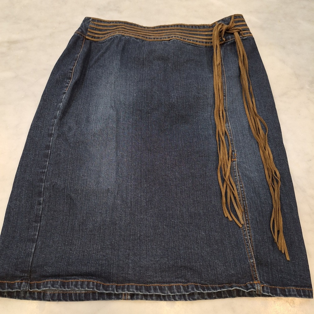 NWT Y2K Venezia Western Fringe Boho Denim Midi Skirt Sz 14 Wrap Detail Side Slit